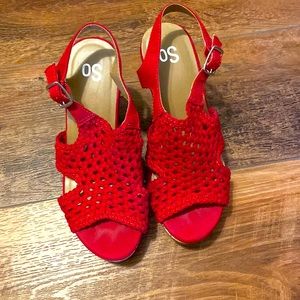 Red Mess Fabric Sandals with 4” wedge heel